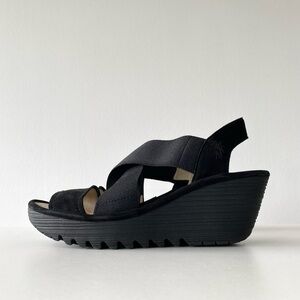 Fly London Yaji Black Elasticated Cross Strap Leather Wedge Sandals EU 38
